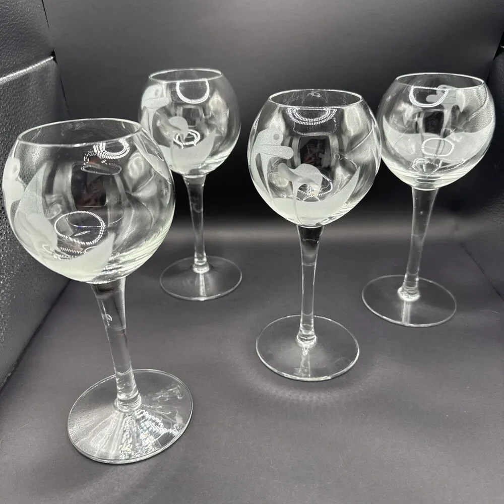 Etched Frosted Calla Lily Balloon Wine Glasses Set Of 4